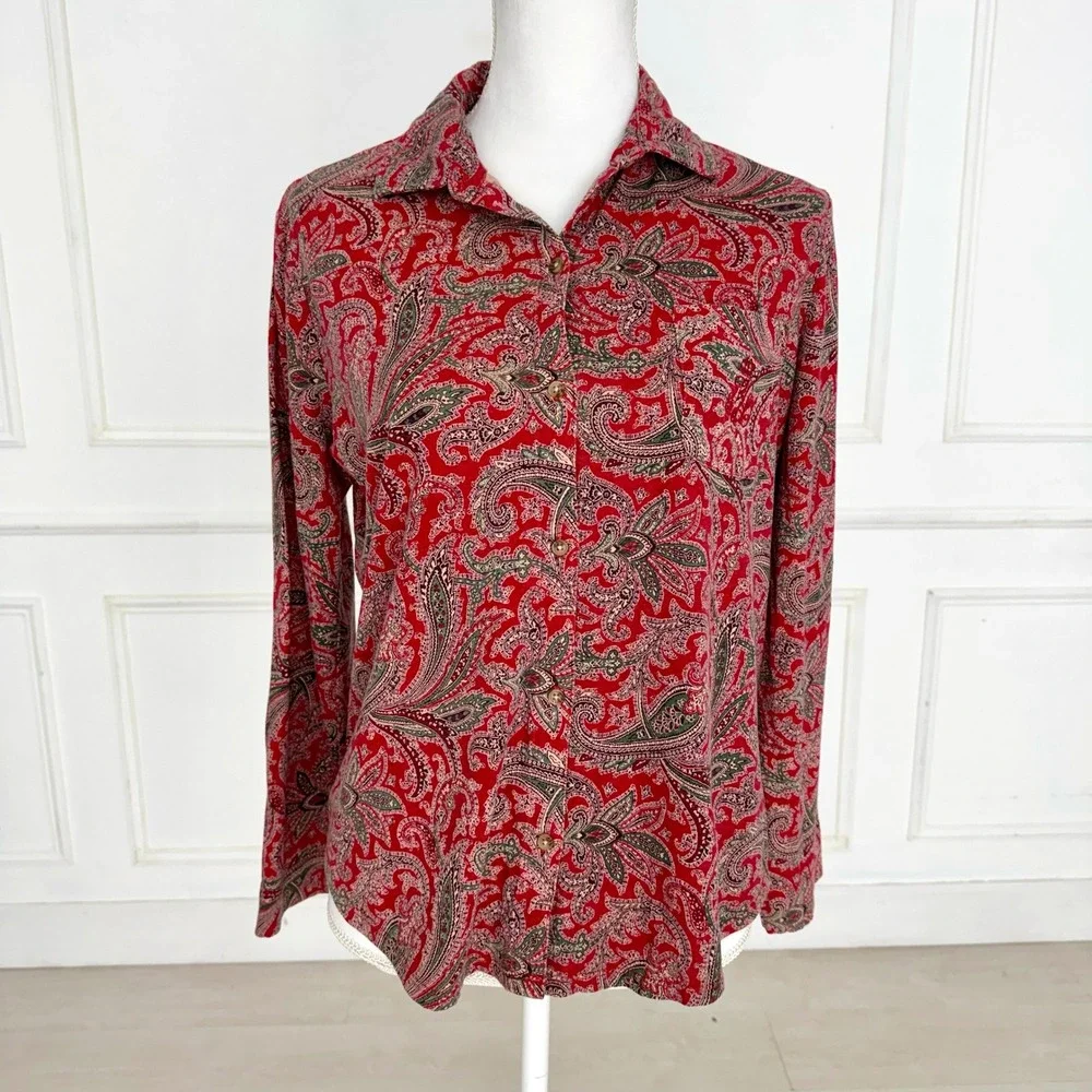 Lauren Ralph Lauren Womens Red Paisley‎ Pajama Set Button Down Pants Medium